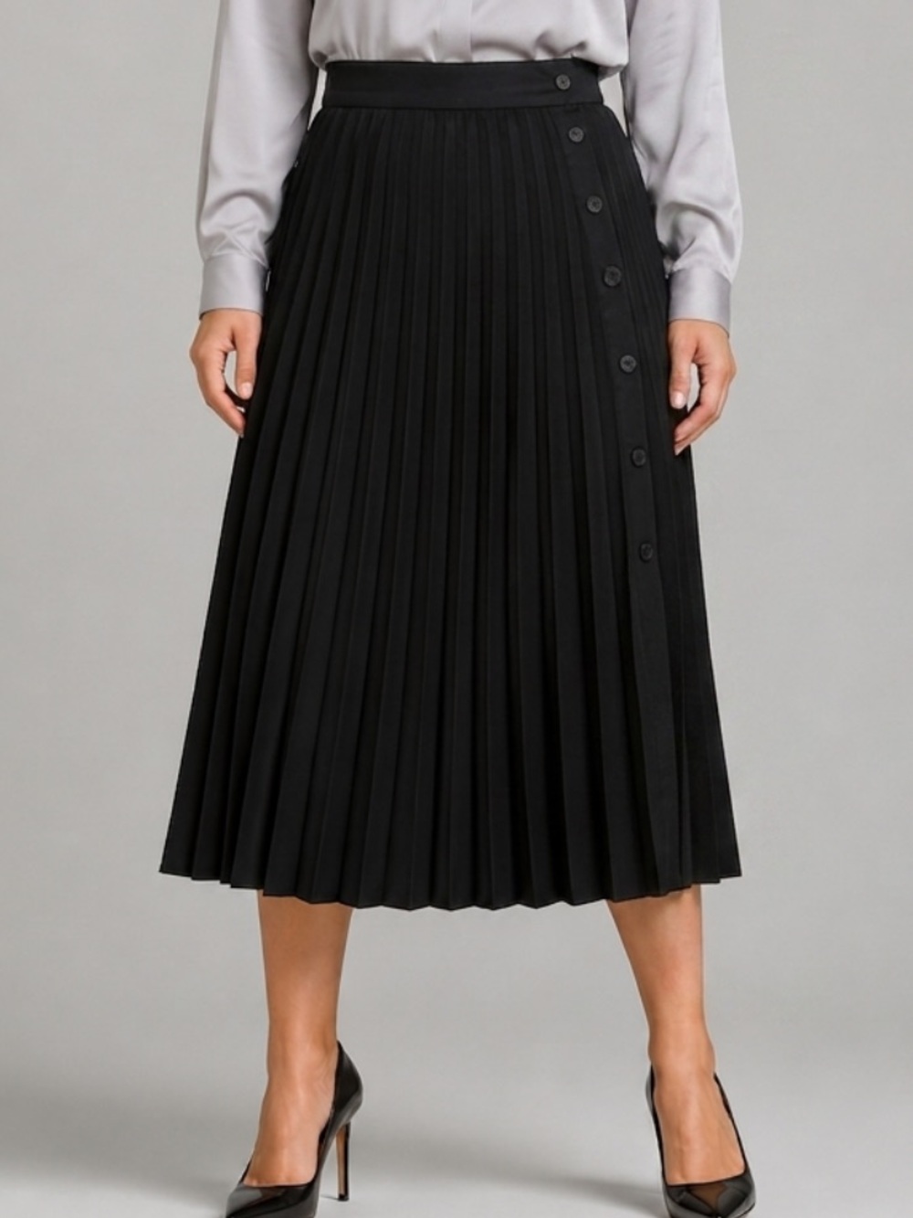 T Tahari Black Accordian Pleated Midi Skirt Womens Size M Faux Button A-Line